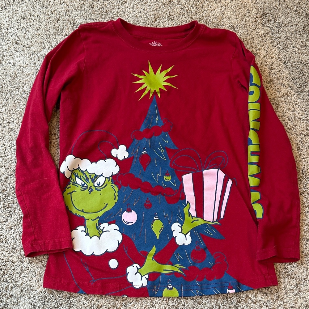 Dr. Seuss Grinch Red and Green Long Sleeve Tee boys size 10